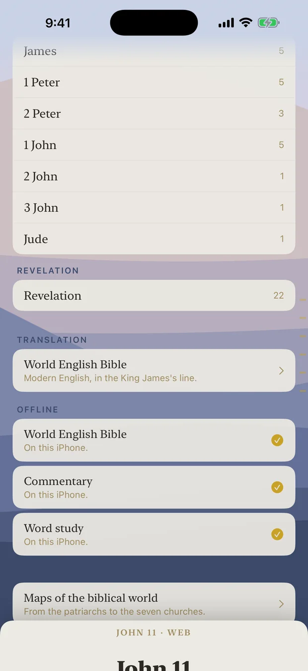 The shelf, with the Bible, the commentary and the word study each kept on the phone