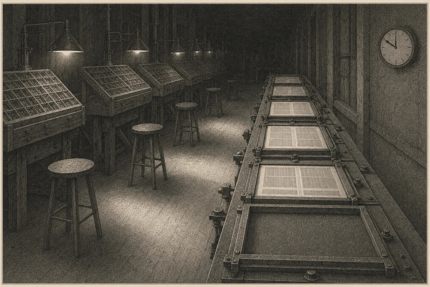 Engraving of a newspaper composing room at night, seen down its length from slightly above. Down the left side of a central aisle stands a long row of slanted wooden type cases, and in the aisle before them tall stools stand pushed back, every one of them empty. Down the right side runs a long iron imposing stone on which finished pages lie locked in their iron frames, the set type rendered only as dense ruled lines and stipple with no readable letters; the frame nearest the viewer lies empty. Gas jets hooded over the cases throw hard pools of light down the aisle, and the far end of the room fades into darkness. A plain wall clock with an unnumbered dial, on the right-hand wall, has its hands at ten. No person is present.