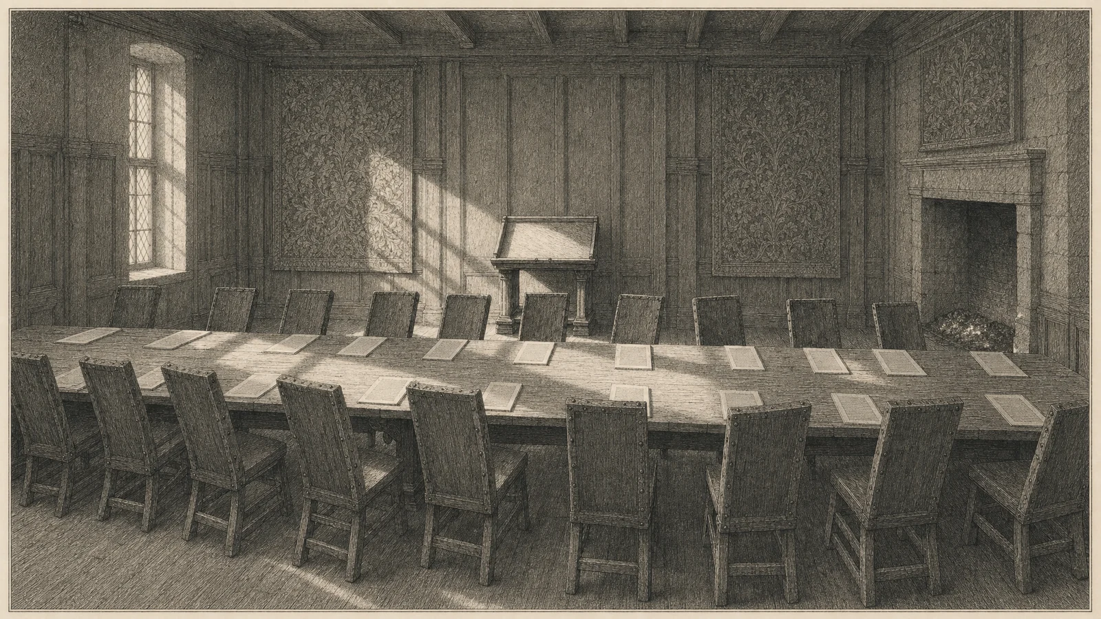 Wide engraving of a paneled medieval chamber, seen across its width from a little above the height of the chair backs, with a long oak table running across the frame from left to right. High-backed chairs line both sides of it, the near ones pushed back and turned at angles, with their backs to the viewer. On the table in front of each chair lie loose printed sheets, each a single column of type between plain margins, rendered only as close ruled engraved lines with no readable letters. At the middle of the far side a raised reading desk stands empty against the paneling. Tapestries hang on the walls, a fire has burned down to embers in a deep stone fireplace on the right, and late afternoon light falls in long flat bars from a tall window on the left, across the table and the empty chairs. No person is present.