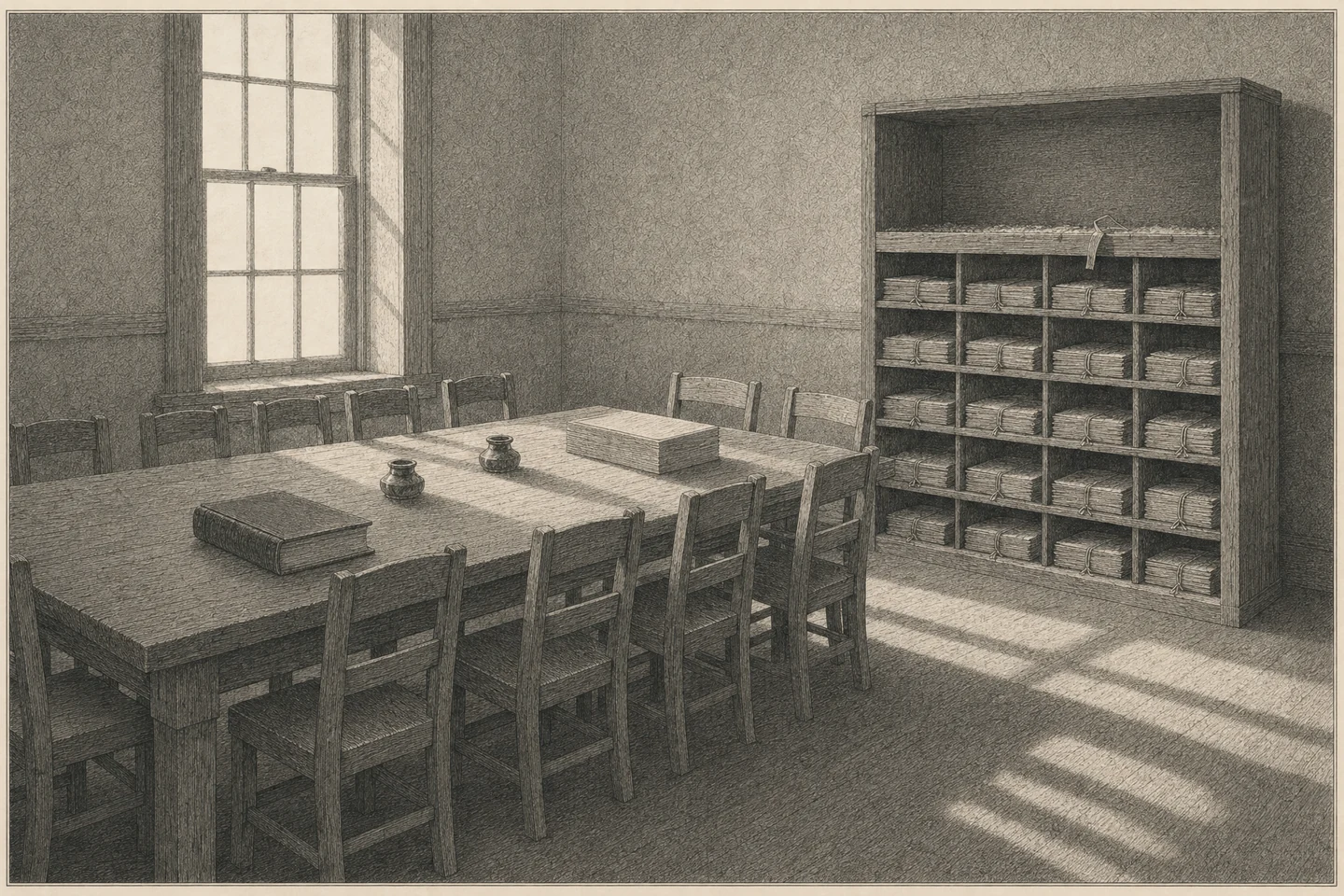 Engraving of a plain rented office in a nineteenth-century New York building, seen from its doorway. A long deal table with a dozen straight chairs fills the room; on it lie a closed Bible, two inkwells and a squared stack of paper. Against the right-hand wall stands a wooden letter rack whose smaller pigeonholes each hold a tied bundle of paper, and whose largest pigeonhole, at the top, is empty, with a line of dust where bundles once lay and a length of cut tape hanging from its lip. Through a tall window on the left, low winter light lays the long shadows of the glazing bars across the floorboards. No person is present, and nothing written anywhere in the room is readable.