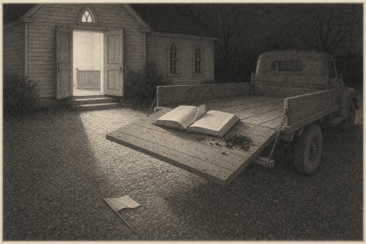Engraving of the yard of a small clapboard church on a winter night. An old farm truck with plank sides is parked on the gravel with its tailboard let down on its chains. On the lowered tailboard lies a thick open book with one leaf torn out close to the spine, its ragged stub standing up from the gutter; beside it lies a small scatter of black ash. A little paper flag on a stick has been dropped on the gravel in the foreground. Light spills from the open double doors of the church behind, crossing the yard in a long pale wedge toward the dropped flag; everything beyond it is dark, and bare trees stand black against the night. No person is present, and no printing on the book is readable.