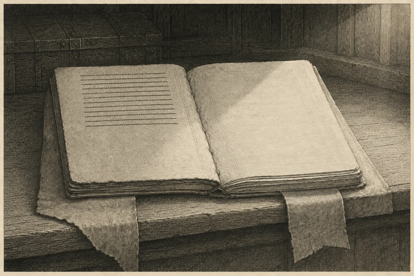 Engraving of a large parchment-bound register lying open on a bare wooden counter in a dark panelled room, seen from slightly above and close in. The left-hand leaf carries about a dozen short ruled lines of writing across its upper half, rendered as fine engraved strokes and stipple with no readable letters, and nothing below them; the right-hand leaf is entirely blank and is the brightest thing in the frame. A broad ragged sheet of parchment hangs from beneath the book over the front edge of the counter, with a second piece beside it. Heavy shelving and a closed chest stand in shadow behind. Light enters from high out of frame, crosses the open leaves, rakes across the empty page and dies in the dark timber beyond. No person is present.