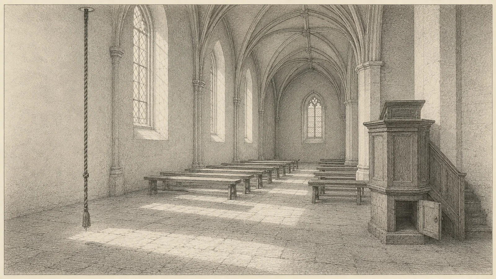 Wide engraving of the interior of a plain Gothic church seen down its length, the ribbed vault rising into shadow above and rows of low backless benches standing empty across a worn stone floor. A wooden pulpit stands against a pier at the right, its desk bare and a small door in its base standing open. At the left a bell rope comes down through the vault, knotted and ending in a tassel, hanging slack well above the flags with nobody near it. The whitewashed walls carry no images and no lettering of any kind, and a plain window stands in the far end wall. Cold morning light falls through tall windows down the left wall and lays flat panels across the benches and the floor. No person is present.