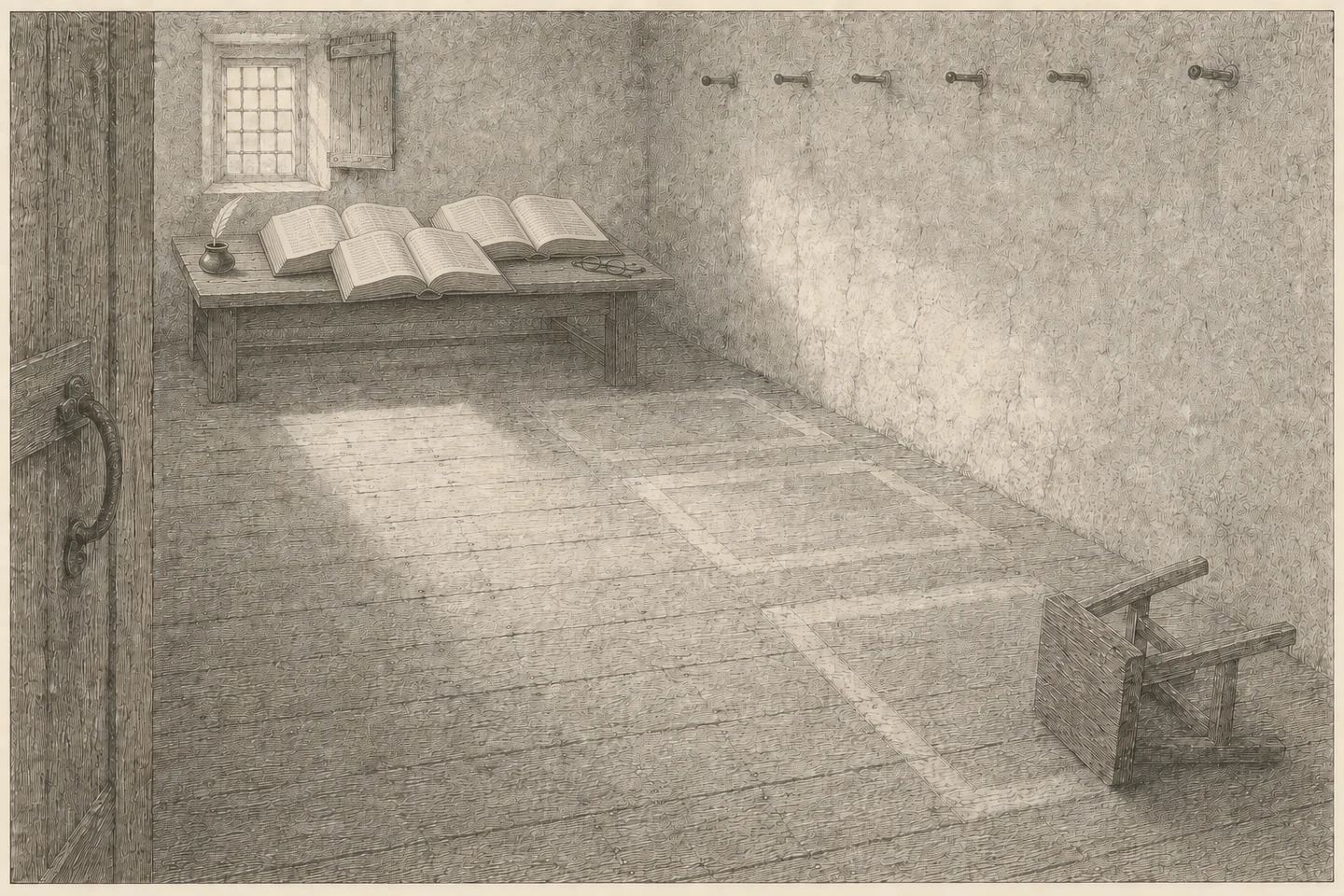 Engraving of a plain upper room emptied of nearly everything, seen from just inside the doorway. Down the length of the room stand the marks of departure: pale rectangles on the bare boards where chests and presses had stood, a row of empty pegs along the right-hand wall, and one stool left lying on its side. At the far end, under a small window set in the left of the end wall, one long table is still in use, carrying three heavy books lying open and overlapping, a small rounded inkpot and a pair of spectacles, the pages shown as ruled engraved lines and stipple with no readable letters anywhere. A plank door stands open at the left. Level winter light comes in from the window and crosses the empty floor and its pale marks. No person is present.