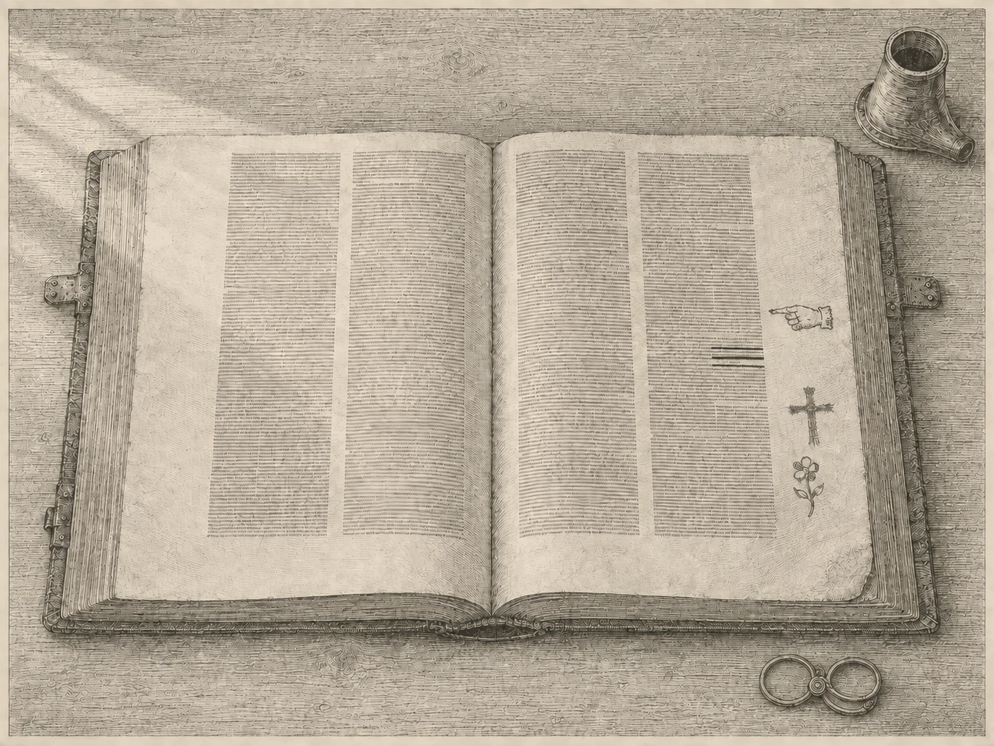 Engraving seen from directly overhead of a well-used quarto Bible lying open, each leaf set in two narrow columns of type with wide outer margins and a deep foot, all of the printed matter rendered as ruled engraved lines and stipple with no readable letters. Down the outer margin of the right-hand leaf, in a darker and looser ink than the printing, a reader has drawn a small pointing hand with a cuff, underscored three lines beside it, and inked a cross and a flower below them. The lower corner of that leaf is worn round and soft with handling. A pair of riveted nose spectacles lies at the bottom edge of the frame and a horn stands at the top right. Light comes from the upper left, crosses the open book and catches the tooth of the paper along the worn corner. No person is present.