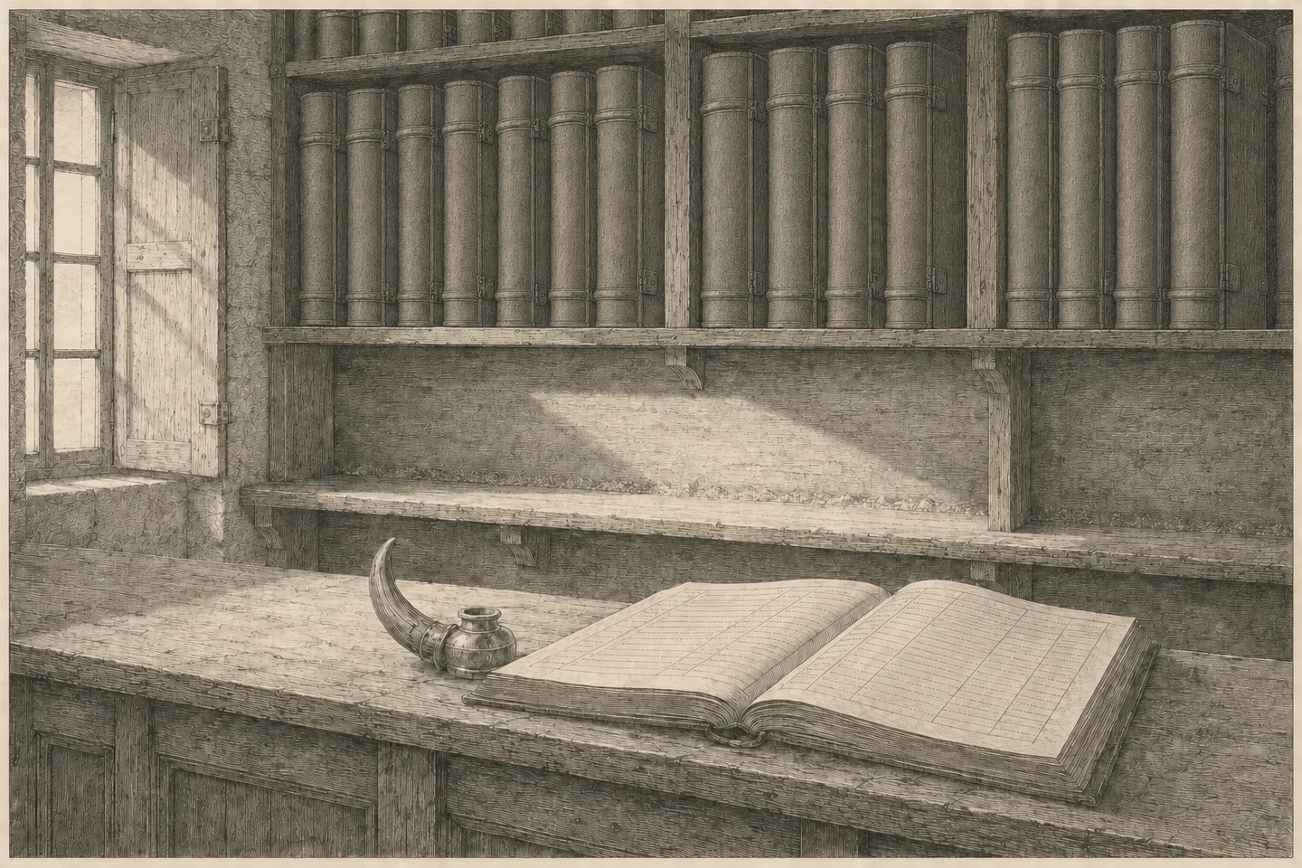 Engraving of a bookseller&rsquo;s shop interior seen across the counter toward the shelving on the back wall. The upper shelves are filled edge to edge with enormous folios standing upright, their thick boards and raised bands shown in fine line and their spines blank of any lettering. The whole of the long lower shelf, built to a smaller height and clearly meant for small books, stands completely empty and swept, with a line of dust and debris gathered along the back of it. On the counter in the foreground lies one open ledger, ruled and written in engraved strokes with no readable letters, with a mounted curved horn and a rounded inkpot beside it. Daylight comes through a shuttered casement at the left, crosses the counter and falls in a shaft across the empty shelf. No person is present.