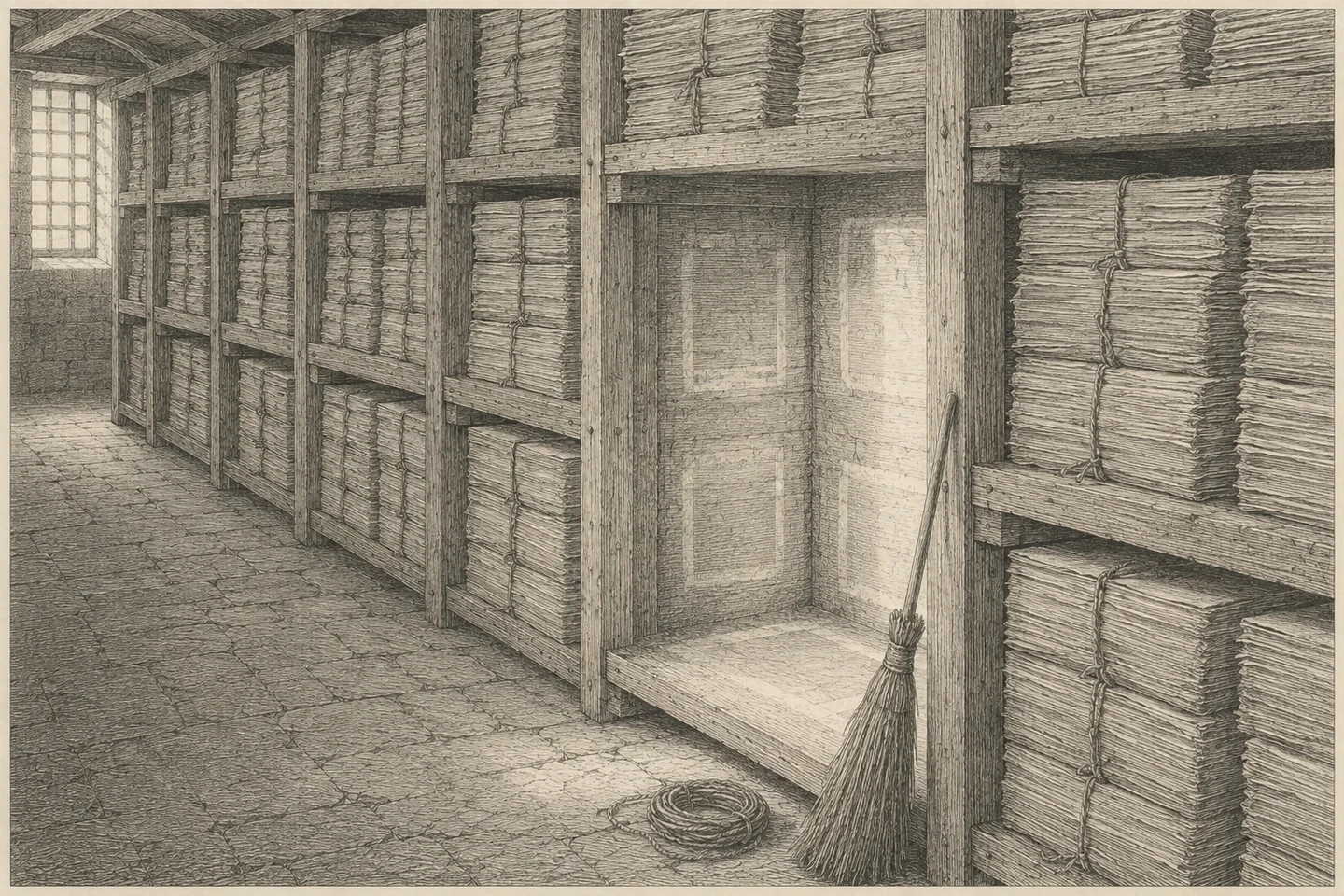 Engraving of the storeroom of a large printing house, seen along a range of heavy timber shelving that recedes into the depth of the frame. Bay after bay is stacked with squared piles of folded printed sheets, tied in bundles, their edges rough and their surfaces bare of any lettering. One tall compartment near the middle, spanning two shelf levels, stands completely empty and swept clean, its rear and side boards showing the pale rectangular wear-marks where stacks stood for years. A besom leans across its right-hand edge and a coil of cord lies on the floor. Light comes from a window at the far left, runs down the face of the stacked bundles, falls squarely into the empty compartment and stops at its back board. No person is present.