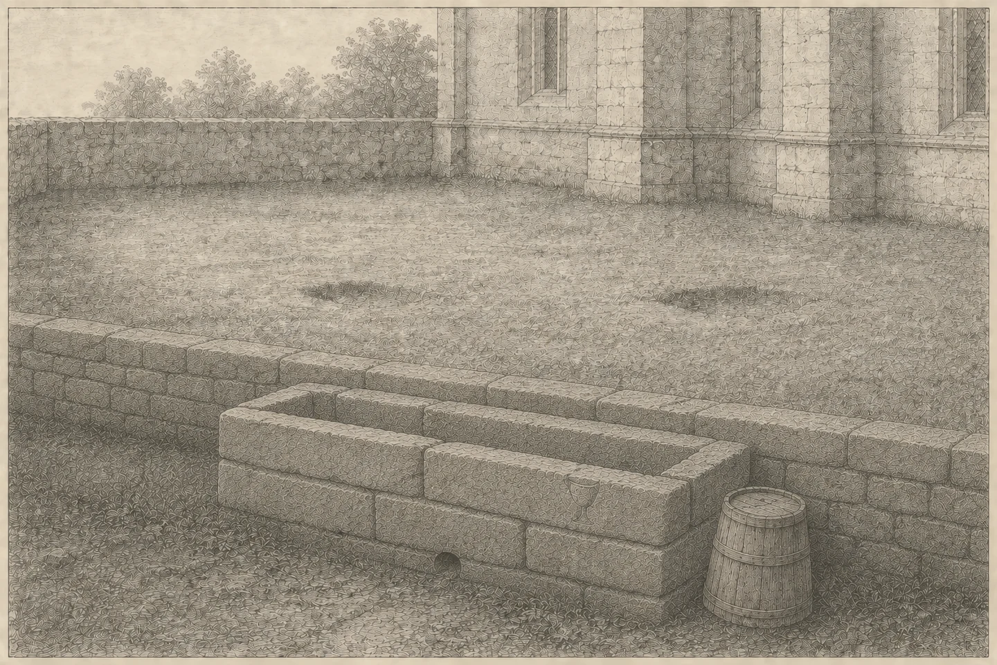 Engraving of a small walled burial garth beside the flank of a great church, seen from one corner. The enclosed ground is empty grass, level and unbroken, with no stone standing anywhere in it and no mound or kerb to show where anything lies; two shallow depressions in the turf are the only marks on it. Across the foreground runs a low washing trough built up in courses out of squared slabs of grave-stone, one of them carrying an incised chalice, with a drain hole cut through near the bottom and a wooden pail standing upended beside it. Trees show above the enclosing wall beyond. Level early light comes from the left, crosses the blank turf and catches the cut faces of the reused slabs. No person is present.