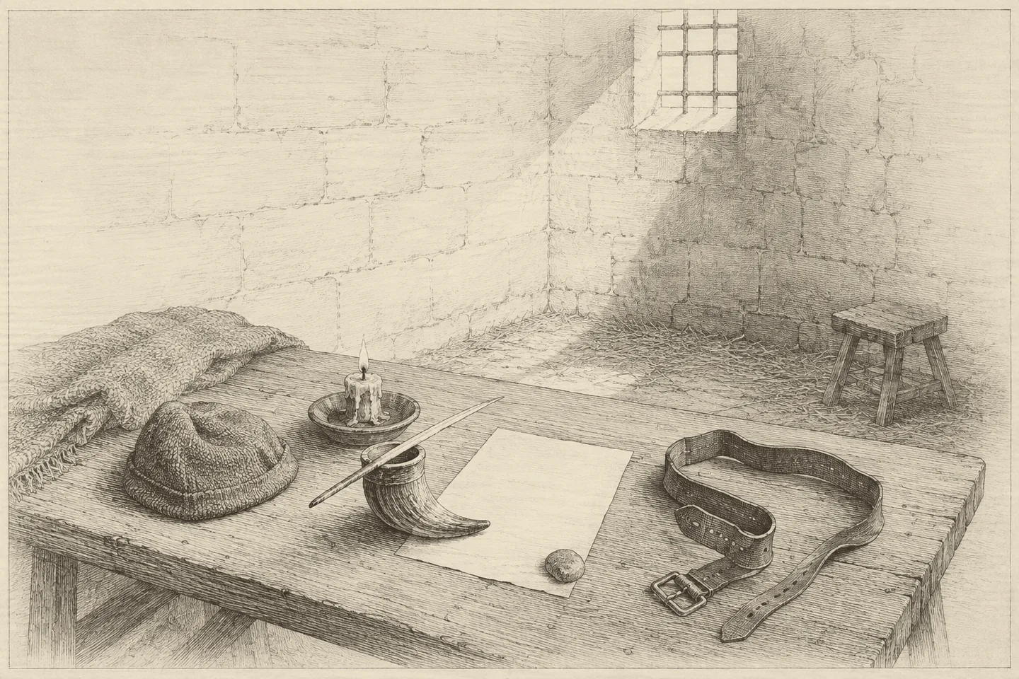Engraving of a bare stone cell seen from slightly above a plain oak table. On the table are a folded woolen cap, a coarse blanket pushed aside, a guttering tallow candle stub in a dish, a cut quill laid across a horn inkwell, a blank sheet of paper held down by a pebble, and an open, empty leather book strap with nothing inside it. A shaft of light falls from a small barred window high in the back wall; a stool stands pushed back from the table. No person is present.
