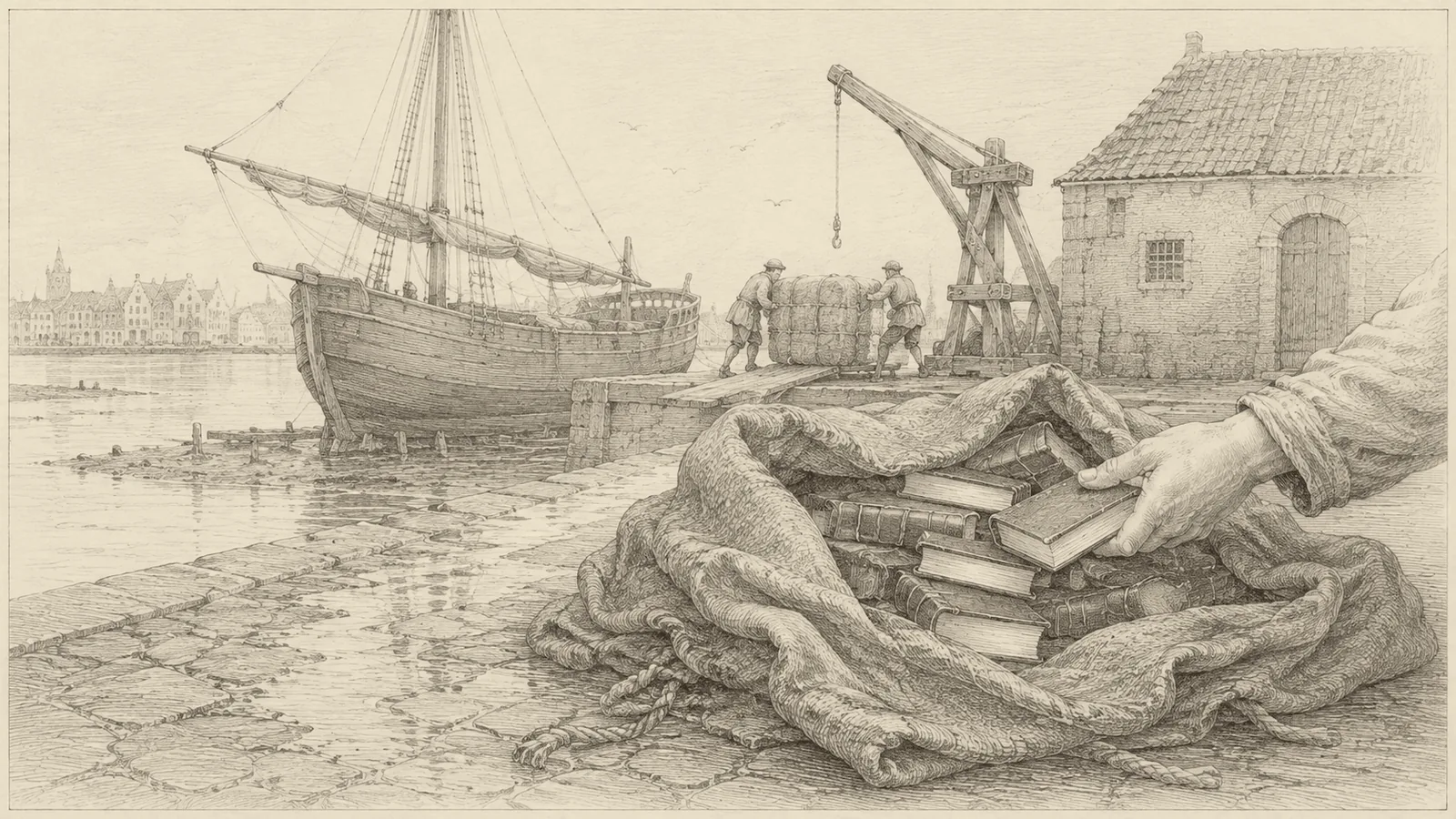 Wide engraving of a merchant quayside at first light. In the foreground, a broached bale of English broadcloth lies on wet stones with its cording cut and the heavy folds opened back to reveal small books bedded among them, their gilt page edges catching the light; a forearm in a plain sleeve, cropped at the elbow, draws one book out. Beyond, two porters roll a second bale toward a low timber crane beside a tiled customs house, and a broad-beamed merchant ship lies alongside with sails furled. Gabled warehouses line the far bank.