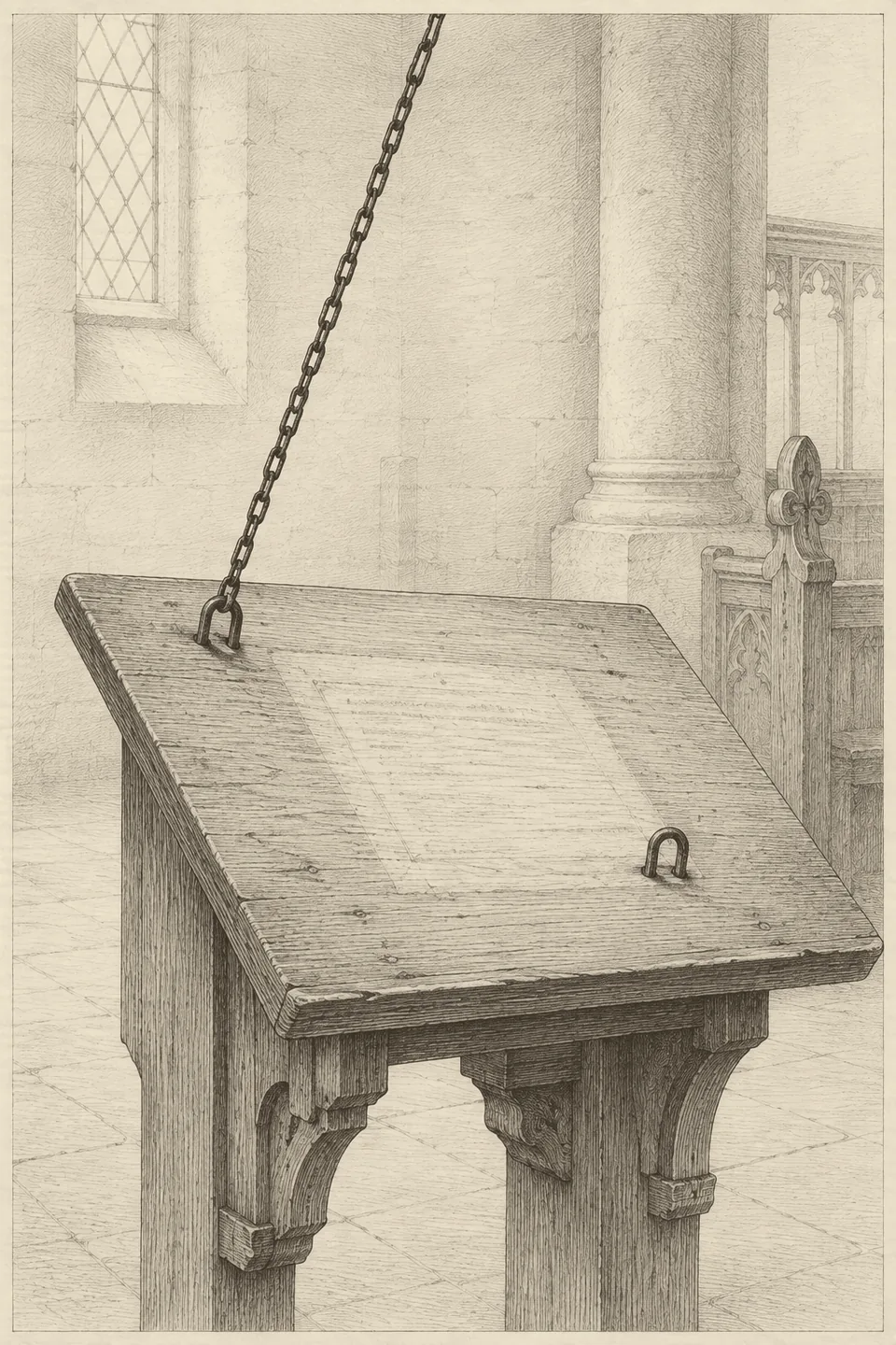 Tall engraving of a parish church lectern seen from slightly below. The oak reading slope is empty, showing a shallow rectangular dust mark where a large book stood, and two hand-forged iron staples driven into the wood. From one staple a chain rises taut and straight out of the top of the frame, under load.
