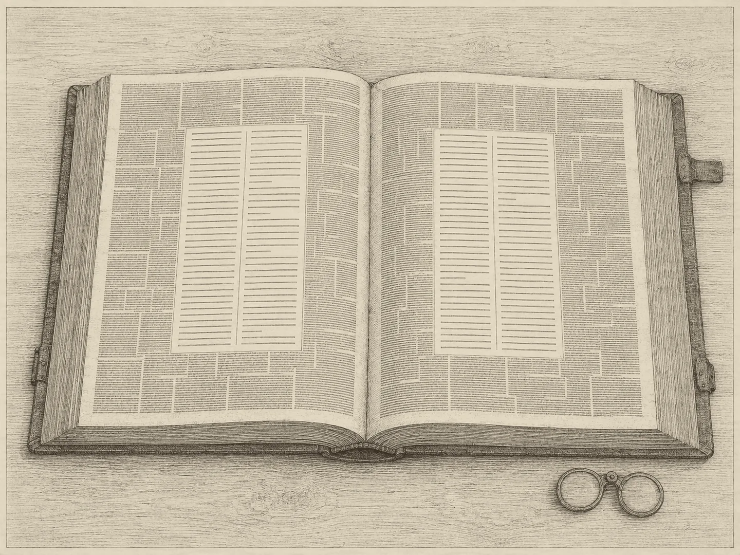 Engraving seen from directly overhead of a large folio Bible lying open flat on a table. On each leaf, two narrow columns of type occupy less than half the page; the head, foot and both outer margins are crowded with a dense apparatus of smaller notes, a running head, tiny reference marks and a printed pointing hand. A pair of riveted nose spectacles rests on the lower right leaf. All type is rendered as ruled engraved lines and stipple rather than readable letters.