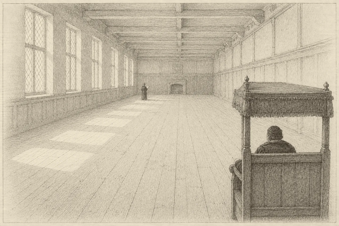 Engraving of a long paneled presence chamber in deep perspective. Near the right of the frame and large, a canopied chair of state is seen from behind, its occupant only a dark shape within it. Far away at the left, very small, a single man in a plain gown stands with his back turned, holding a closed book against his chest. Between them stretches an empty floor; tall mullioned windows down the left wall lay flat panels of light across the boards.