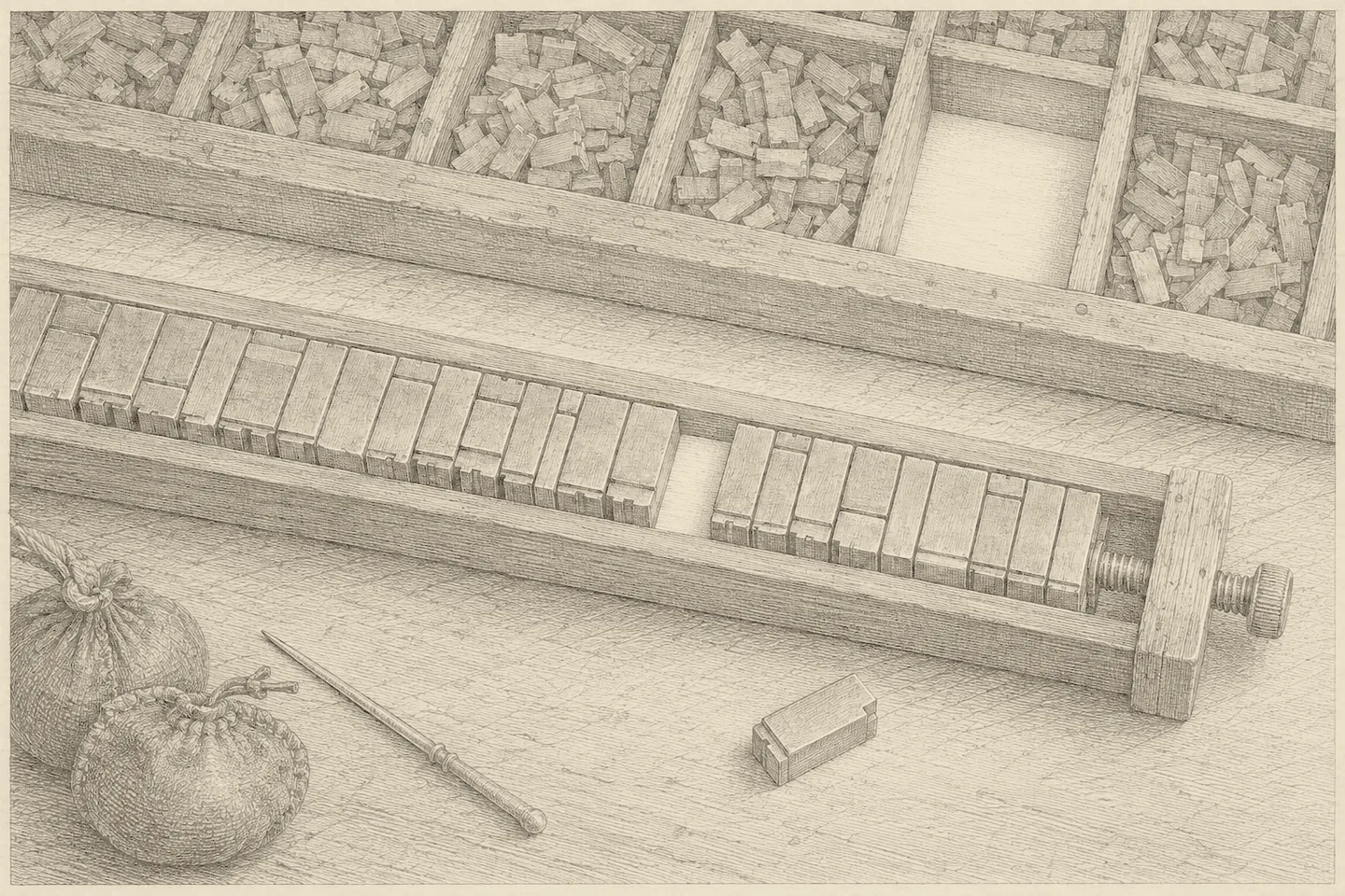 Close engraving of a compositor's stone. A wooden composing stick lies at a slight diagonal, packed with set type seen from above so the pieces read only as plain rectangular metal blocks with their feet and nicks visible and their faces hidden. One line has a shallow gap one block wide; a single loose piece of type lies apart on the stone, catching the brightest light. Behind and above, a compartmented wooden type case recedes out of the top of the frame, its boxes packed with blunt gray metal — one compartment standing completely empty. Leather ink balls and a bodkin lie at the frame's edge.