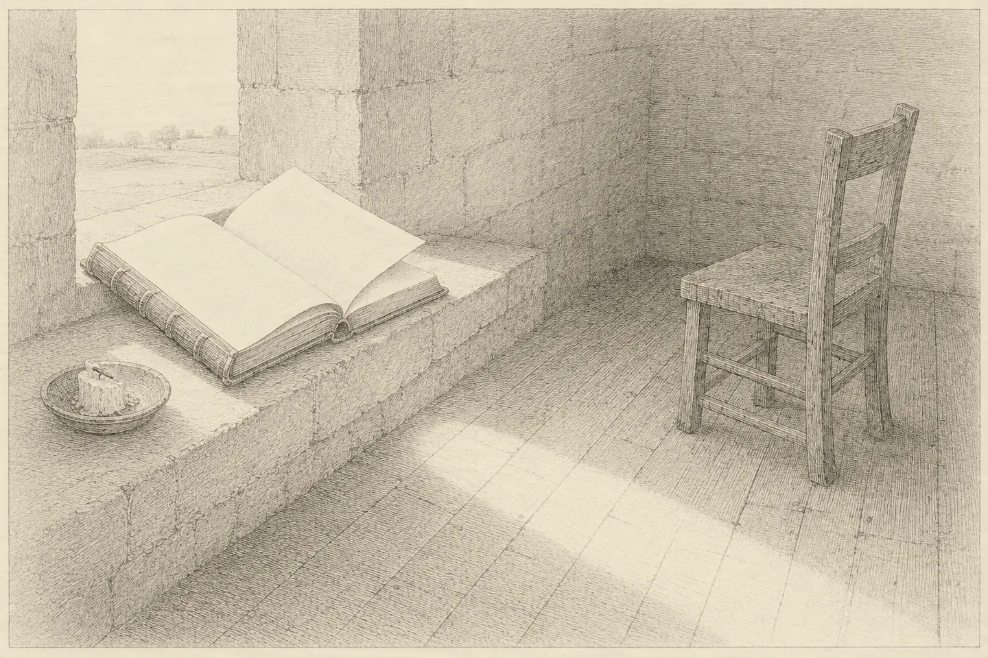Engraving of an empty room at first light. A large book lies open on a broad windowsill, its pages just lifting in a draft; a chair stands pushed back from the sill and a burnt-out candle sits in a dish with its wick fallen sideways. Level early light comes in from outside the frame, runs off the open page, across the sill and over the floorboards, and fades toward the dark of the far wall. No person is present.