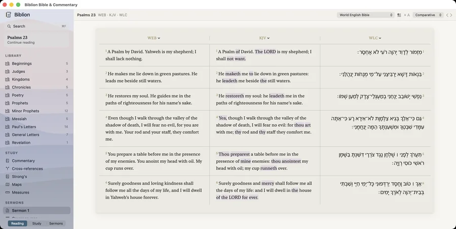 Psalm 23 shown in three translations at once, with the differences between them tinted