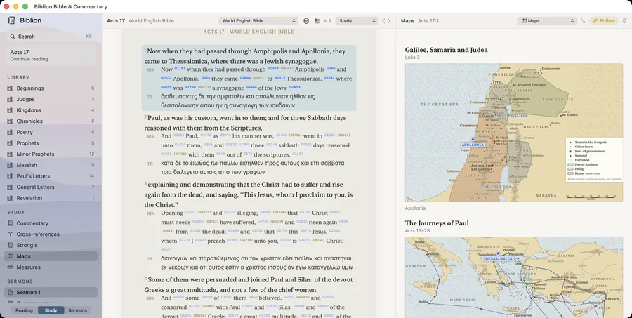 Acts 17 with the map pane following the reading, Apollonia and Thessalonica marked