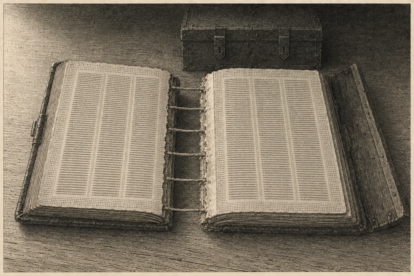 Engraving of a large parchment codex lying open on a bare wooden table, seen from well above and close in, its heavy wooden boards splayed and the back board fallen away to the right. Two blocks of leaves remain, each ruled in three narrow columns of writing rendered as fine engraved strokes and stipple with no readable letters, and each carrying rows of small marks in every margin. Between them the binding stands open and empty: five sewing cords cross the gap bare and unthreaded, and a strip of ragged torn stubs runs the height of the right-hand block where the missing quires were pulled out. A studded iron chest with two hasps stands behind on the table, its top cut by the upper edge of the frame. Light enters low from the left, runs along the bare cords, catches the torn stubs and dies in the dark timber beyond. No person is present.