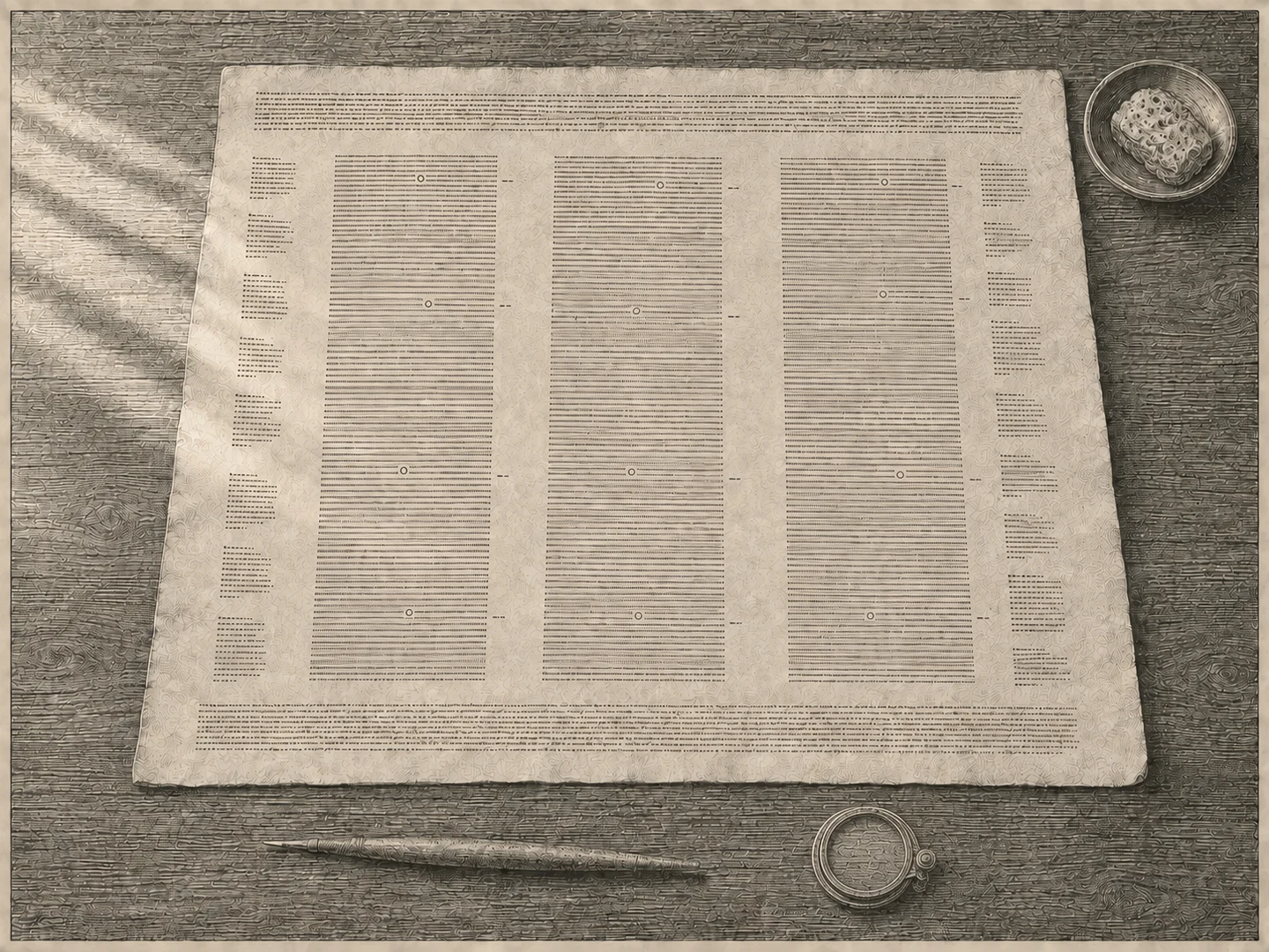 Engraving seen from almost directly overhead of a single large parchment leaf lying flat on a dark wooden surface, the leaf slightly trapezoidal in the view, ruled into three narrow columns of writing rendered as fine engraved strokes and stipple with no readable letters anywhere. The three columns run unbroken from head to foot: nothing is scraped out, struck through or inserted between the lines, and no gap is left where a word has been taken away. The margins carry everything else &mdash; a dense band of minute notes along the head and the foot of the leaf, clusters of shorter marks down both sides with plain gaps between them, and sparse paired dashes in the two channels between the columns. Small rings sit above scattered words inside the columns, each aligned with a mark out in the margin. A slender stylus lies at the foot of the frame, a folded pair of riveted spectacles at the lower right, and a shallow dish of pumice stands untouched at the upper right. Light comes from the upper left in several soft diagonal bands, crosses the leaf, raises the ruled grooves pressed into the skin and dies at the far edge. No person is present.
