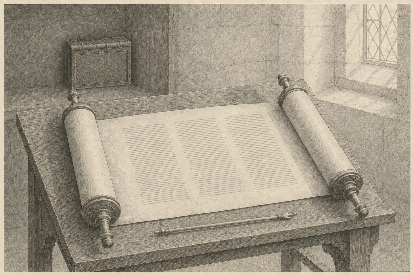 Engraving of an open Torah scroll lying across a plain sloped reading desk, seen from slightly above and along the desk, the two rolled halves standing to left and right on their turned wooden staves. The exposed writing surface shows three ruled columns of writing rendered as fine engraved strokes and stipple with no readable letters; the columns are completely plain, carrying no dots above or below the lines and no marks between them, and the wide margins around them are empty but for the faint tooth of the skin. A slender pointer lies on the desk just below the lower edge of the open sheet, parallel to it and not touching it. Behind the desk, on a shelf in shadow, a heavy codex stands on its fore-edge with its ribbed spine uppermost and an ornamented cover. Light falls from a tall diamond-glazed window at the right, crosses the open skin, runs off the blank margins and spreads over the wall and the floor beyond the desk. No person is present.