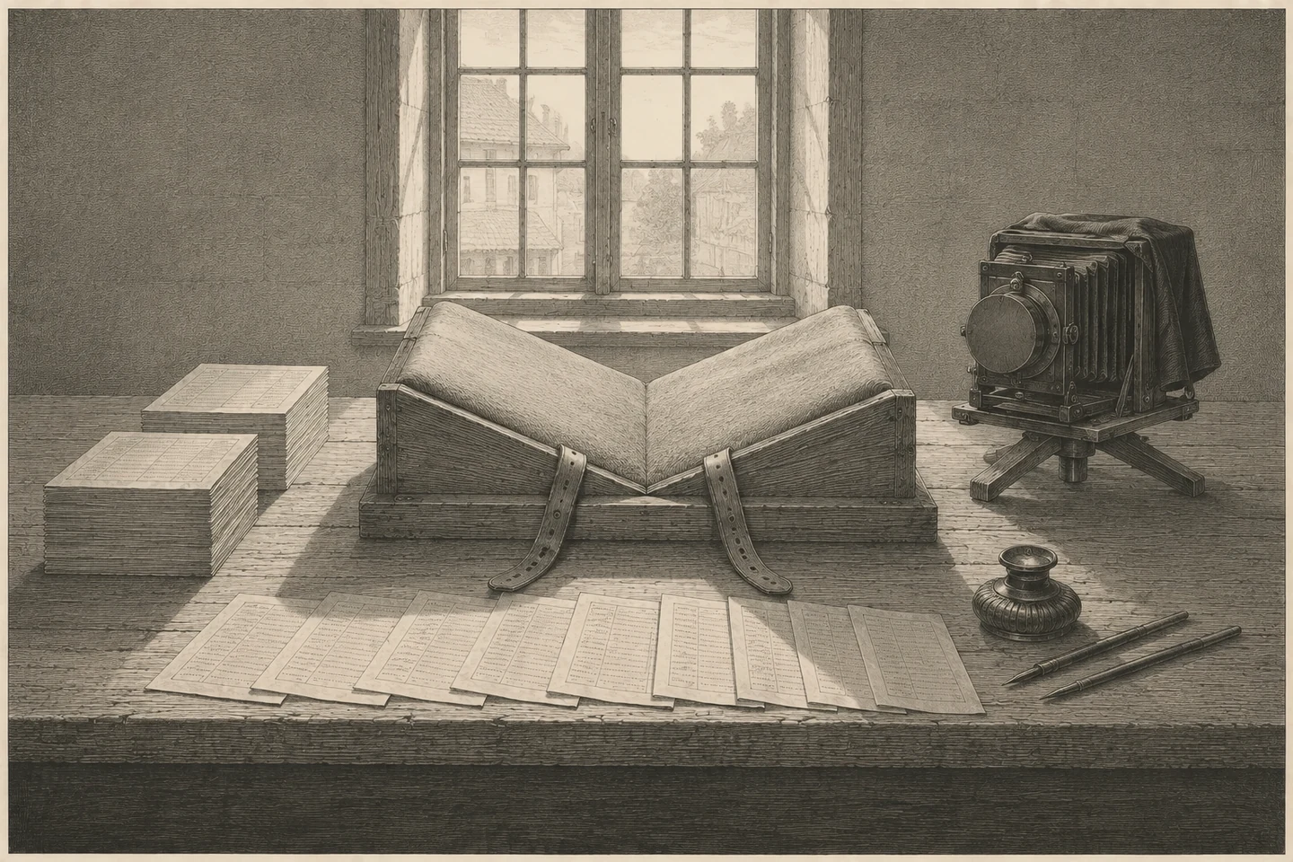 Engraving of a scholar&rsquo;s working table in a plain institutional room, seen from across the table and high enough to look into the cradle. In the middle of the table stands a large book cradle of plain wood, its two padded slopes bare and nothing resting in them, its two straps hanging loose over the front edge with punched holes down their length. Around it the work is laid out and waiting: two squared stacks of collation sheets at the left, a long fanned row of loose leaves across the front of the table, a rounded inkwell and two pens at the right, and a plate camera on a low splay-footed tripod at the right with its lens cap on and its focusing cloth draped over the top and down the back. All of the ruled and written matter is rendered as fine engraved strokes and stipple with no readable letters. Light comes through a tall window behind the table, which looks out on tiled roofs and a tree, and throws the cradle&rsquo;s shadow forward across the sheets to the near edge of the table. No person is present.