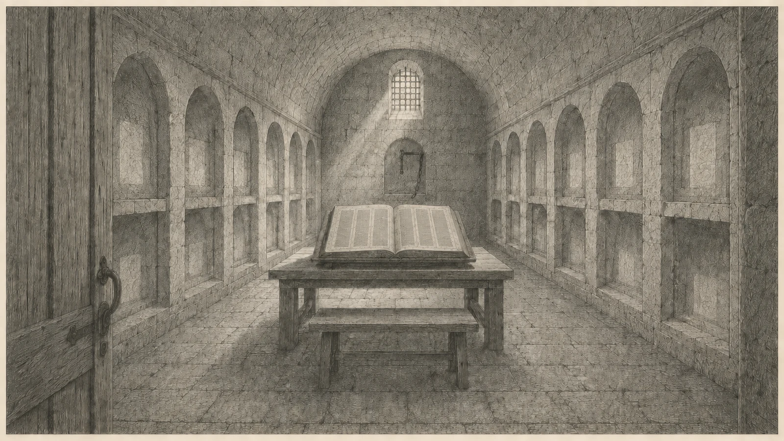Wide engraving of a stone reading room in a synagogue, seen down its length from the doorway with a partly open plank door and its iron handle standing in the left foreground, a barrel vault rising into shadow and two tiers of niches running down both walls. On a broad table in the middle distance one great codex lies open on a stand, its leaves ruled in three columns of writing rendered as fine engraved strokes and stipple with no readable letters, its margins dense with minute marks; a plain bench stands drawn up to the table and nobody is at it. Every niche on both walls is empty and swept, each showing the pale rectangular wear-mark where a book stood, and one at the far end still carries an iron bracket with a broken chain hanging from it. The floor is bare flagstone. Early light slopes down from a grille high in the end wall, crosses the open codex, runs along the empty niches and fades at the near end of the room. No person is present.