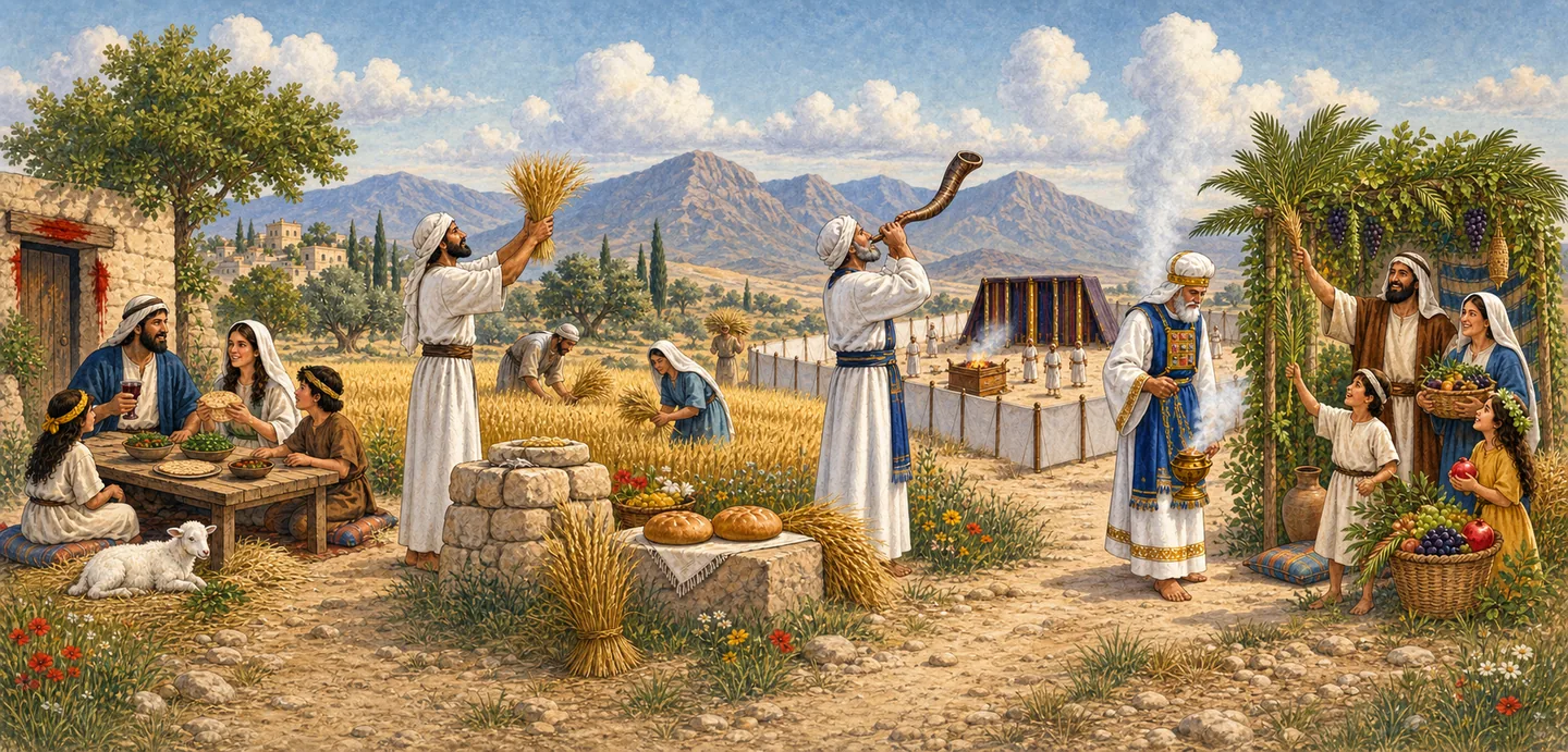 The seven appointed times in order: a family at the Passover table beside a doorway marked with blood, a man lifting the first sheaf of barley, the wheat harvest with two loaves set out, a man blowing a ram’s horn, the high priest with a censer before the tabernacle, and a family under a booth hung with fruit.