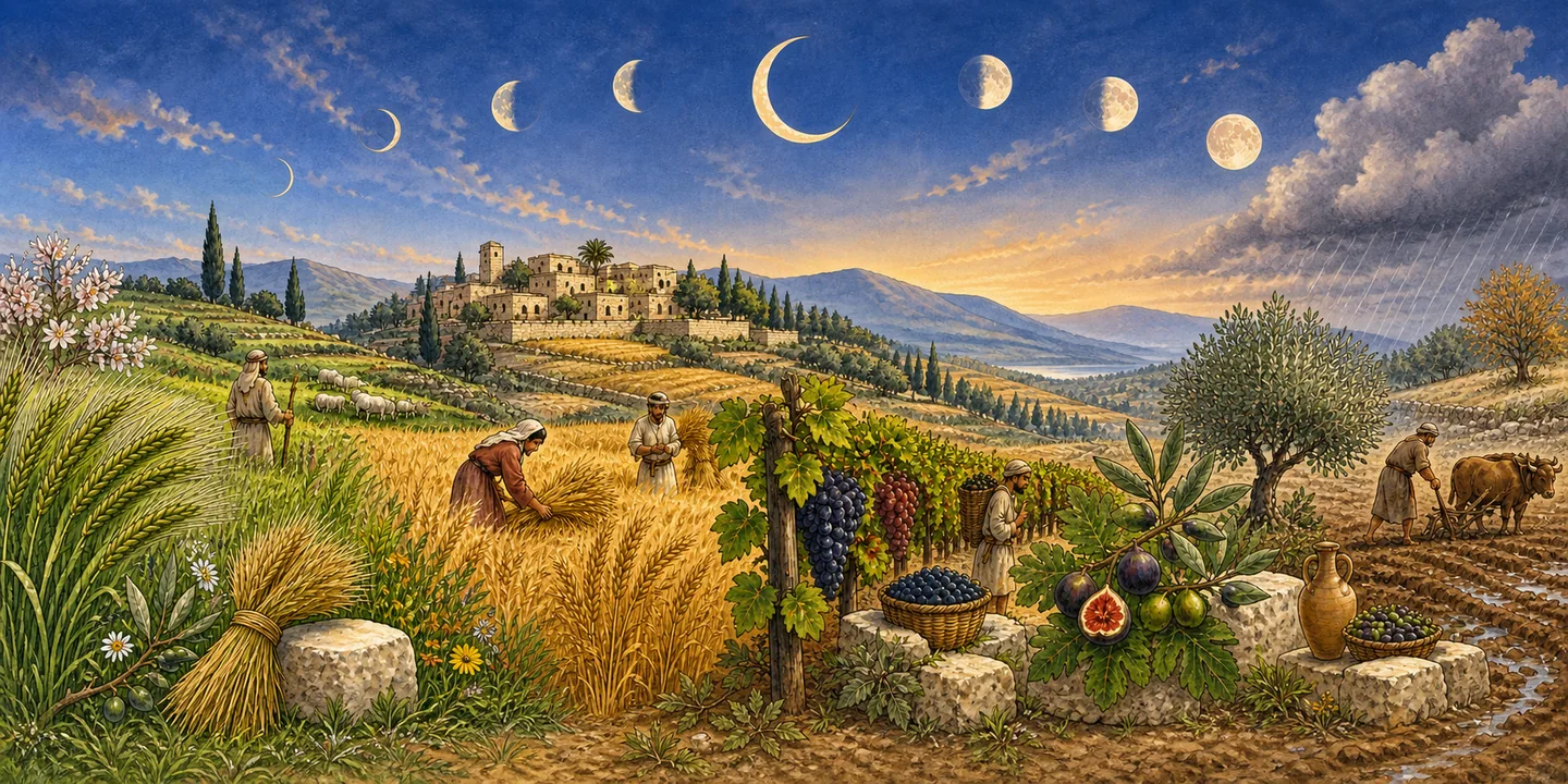 A year of fields in one view: almond blossom, barley and the wheat harvest, vines and fig and olive trees, and a man plowing in the first rains, with the moon waxing and waning across the sky above.