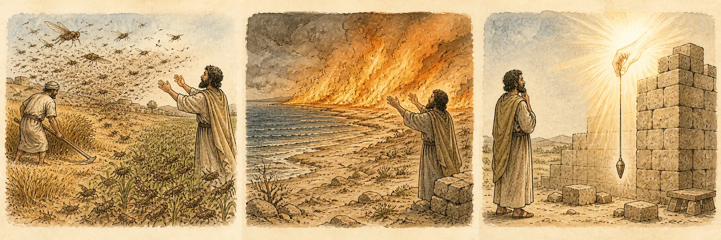 Locusts, fire & the plumb line in one plate: Locusts consume the later growth; Fire devours the deep and the land; One plumb line beside a true wall.