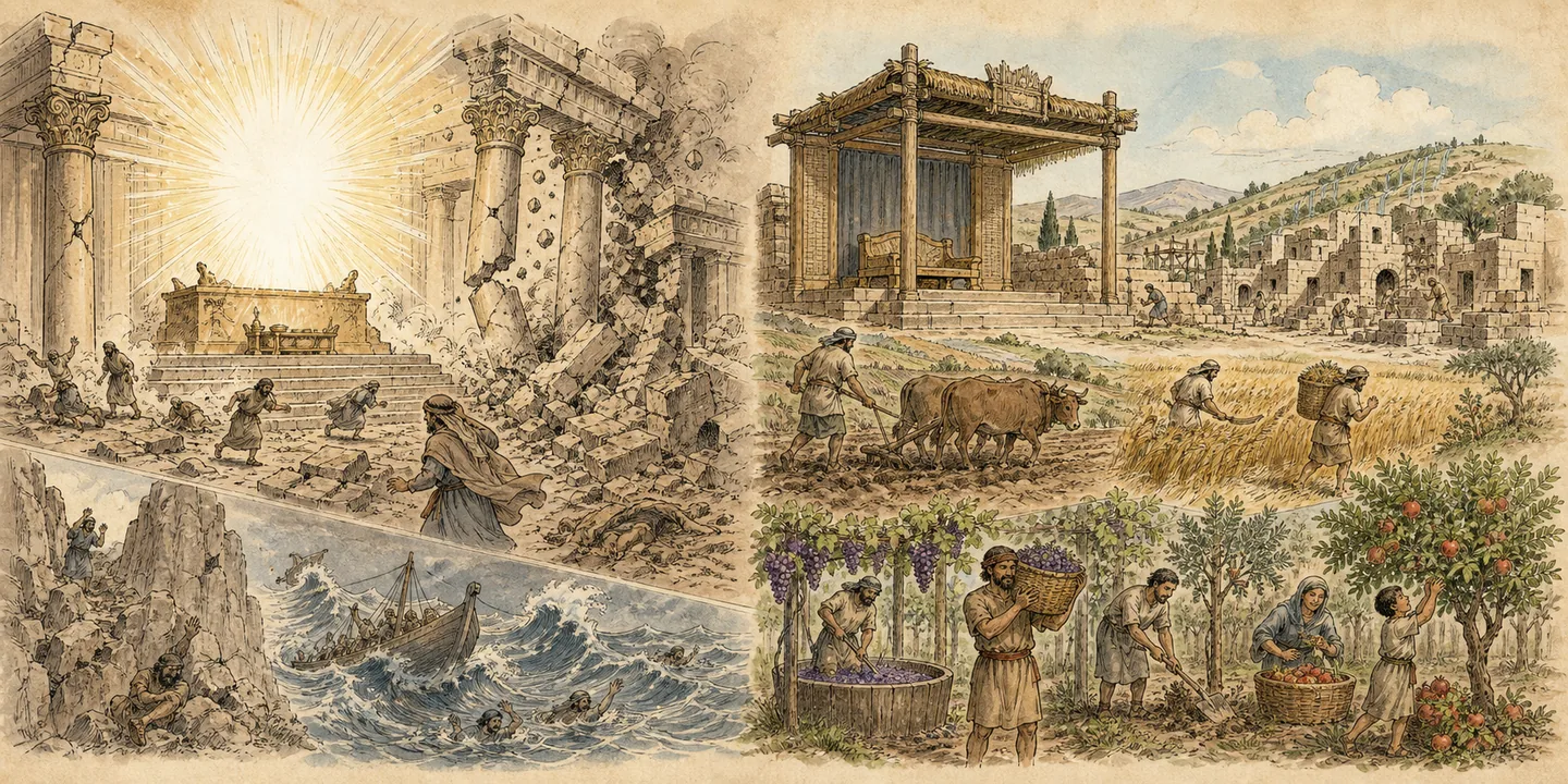 Shaken sanctuary and restored booth in one plate: Capitals and thresholds shake judgment begins at the altar; No height, depth or sea provides a hiding place; David’s fallen booth raised and repaired; Harvest overtakes sowing towns and vineyards restored.