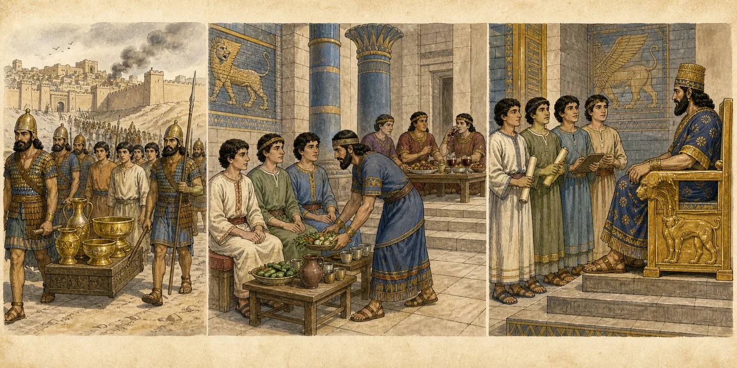 The ten-day test in one plate: Jerusalem besieged vessels carried to Shinar; Four Judean youths vegetables and water; Knowledge and skill standing before the king.