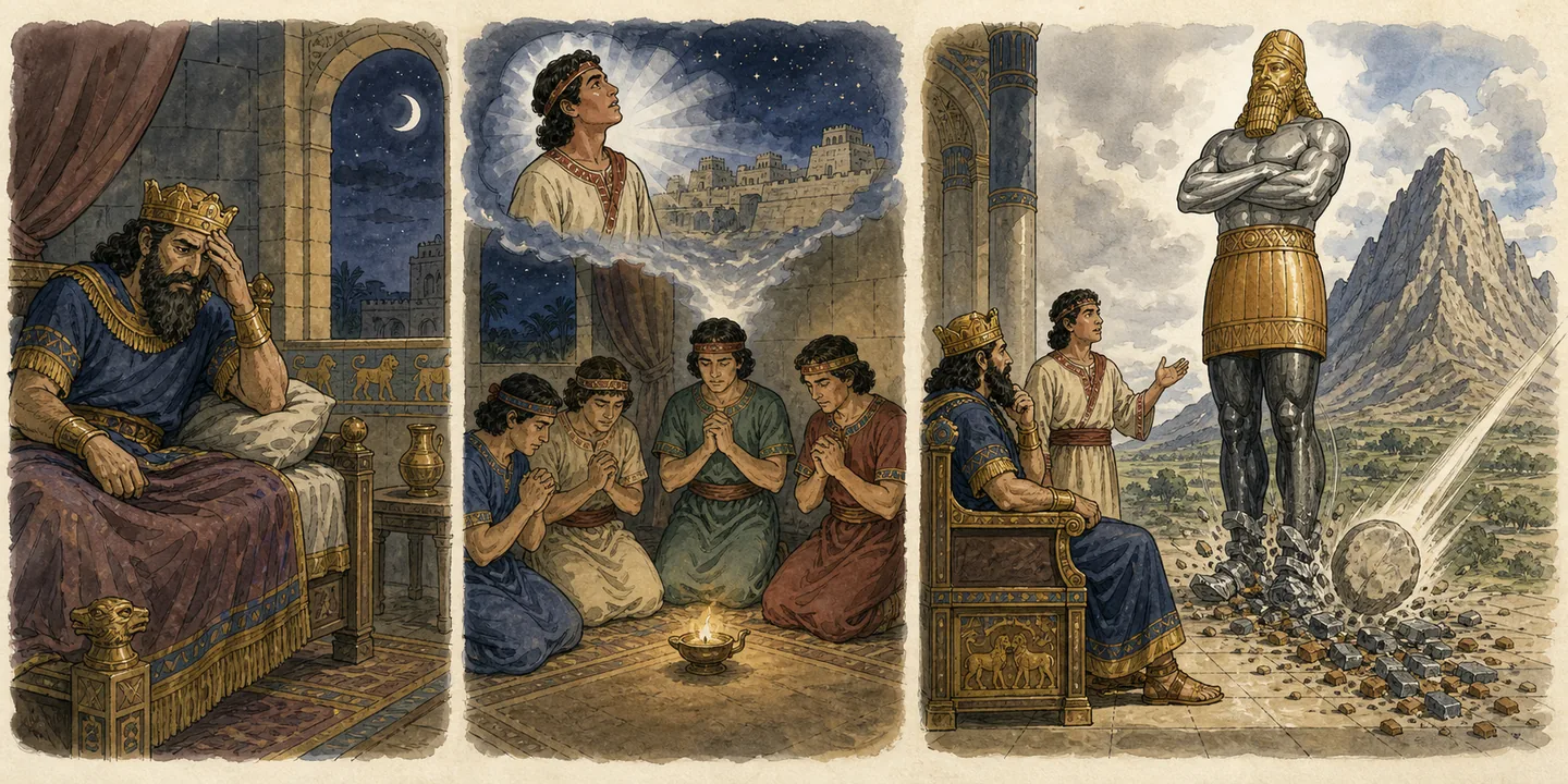 The image and the stone in one plate: The king’s troubling dream; The mystery revealed in a night vision; Metals, stone and the great mountain; Daniel honored companions appointed.