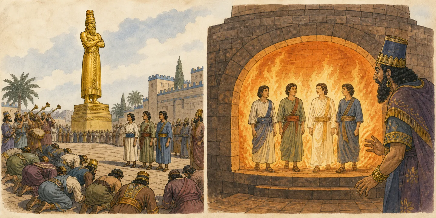 The golden image and the furnace in one plate: The image on Dura music and the decree; Three refuse to bow; Four figures walking in the fire; The king’s decree the three promoted.