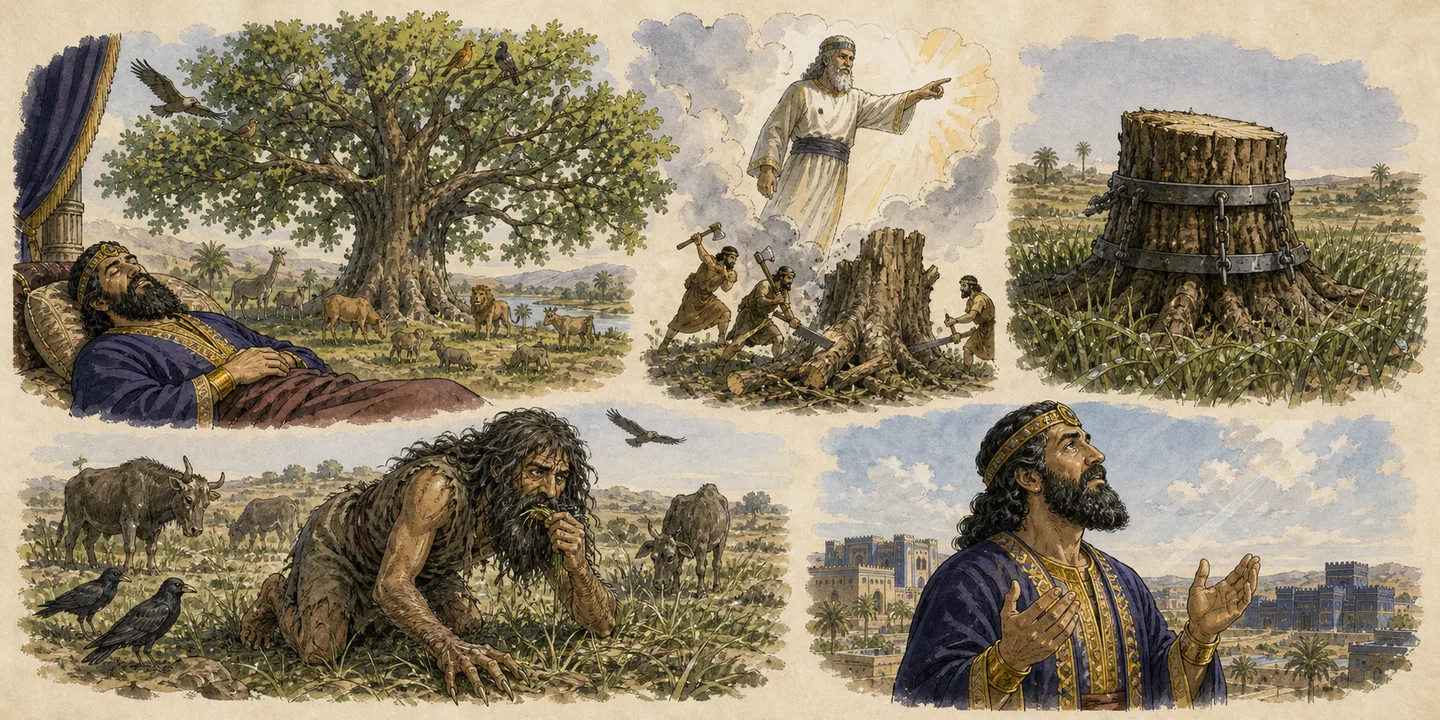 The great tree felled in one plate: A vast fruitful tree; Cut down the tree leave the banded stump; The proud king humbled; Understanding restored the King of heaven praised.