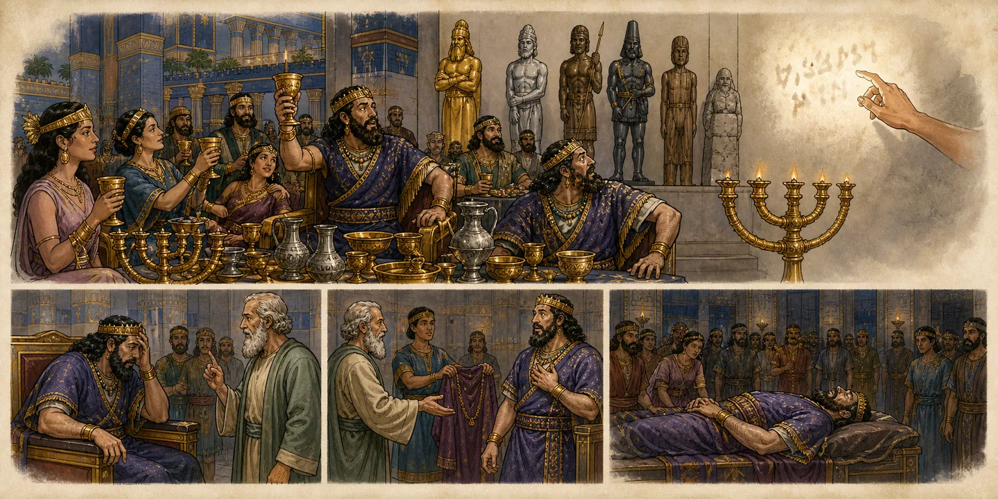 The writing on the wall in one plate: Sacred vessels used at the royal feast; Fingers write on the plaster wall; Daniel reads and explains the words; Belshazzar falls Darius receives the kingdom.