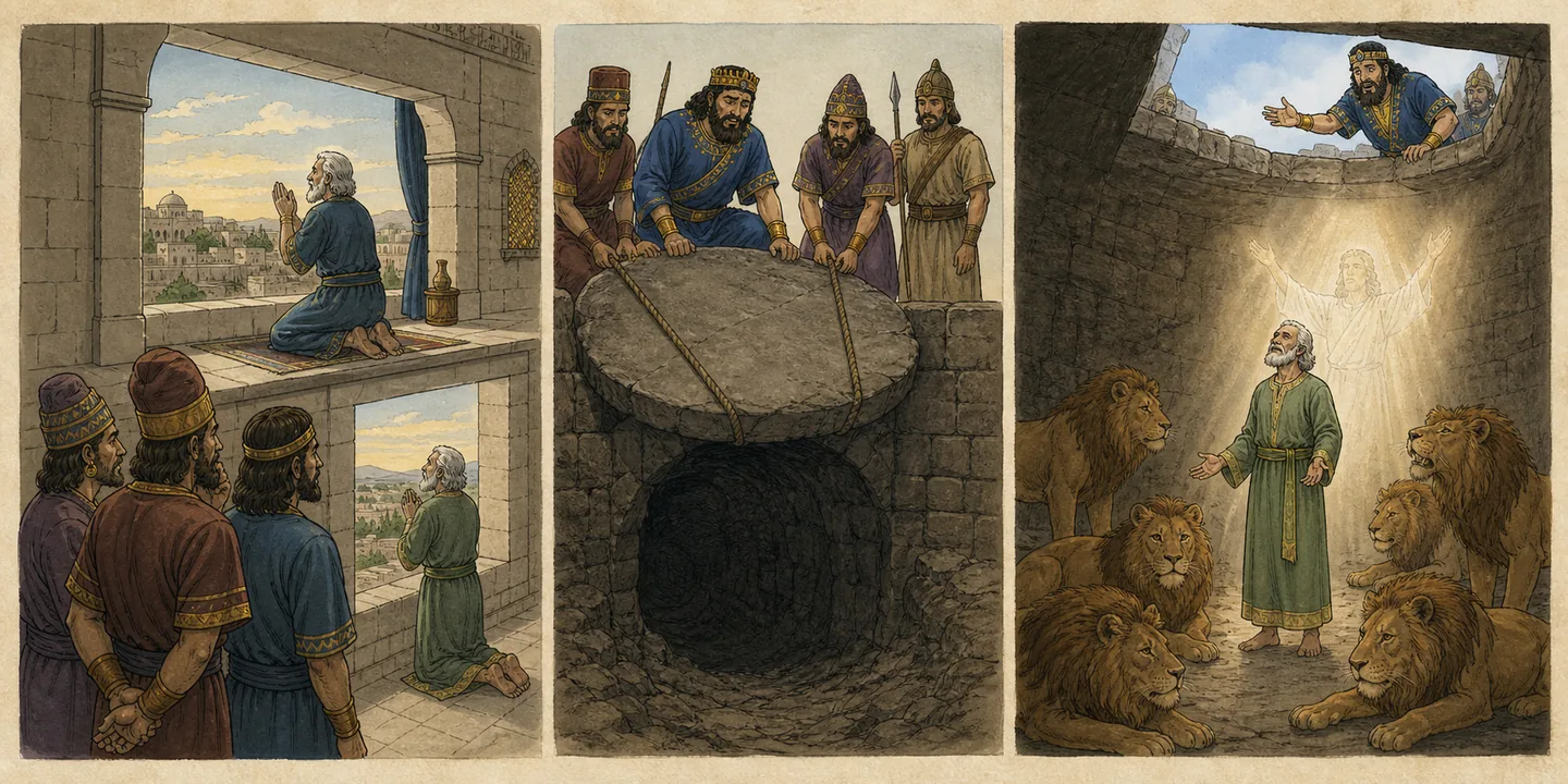 The lions’ den in one plate: Officials devise an unchangeable decree; Daniel prays at the open windows; God shuts the lions’ mouths; Judgment and decree Daniel prospers.