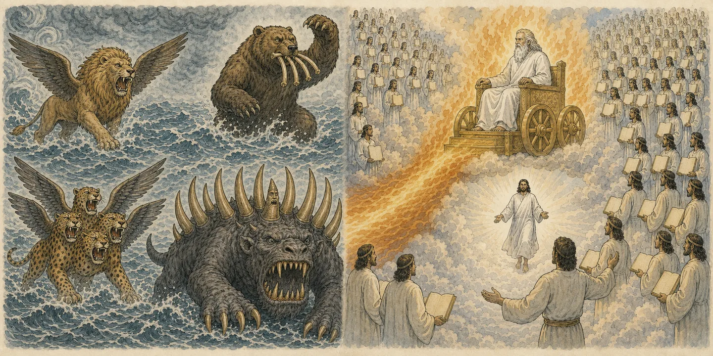 Four beasts and the Ancient of Days in one plate: Four winds and sea four beasts arise; The Ancient of Days the books are opened; One like a son of man receives dominion; The vision explained the saints receive the kingdom.