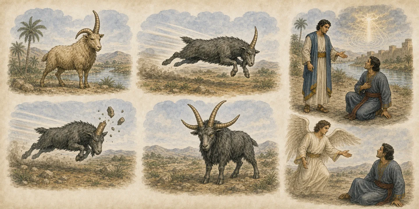 The ram and the goat in one plate: The ram with two unequal horns; The goat strikes the great horn breaks; How long? evenings and mornings; Gabriel gives understanding of the vision.
