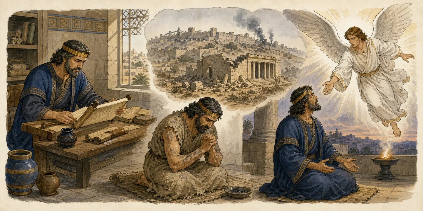 Gabriel and the seventy weeks in one plate: Daniel studies Jeremiah’s scrolls; Confession for the people and desolate sanctuary; Gabriel comes swiftly seventy weeks decreed.
