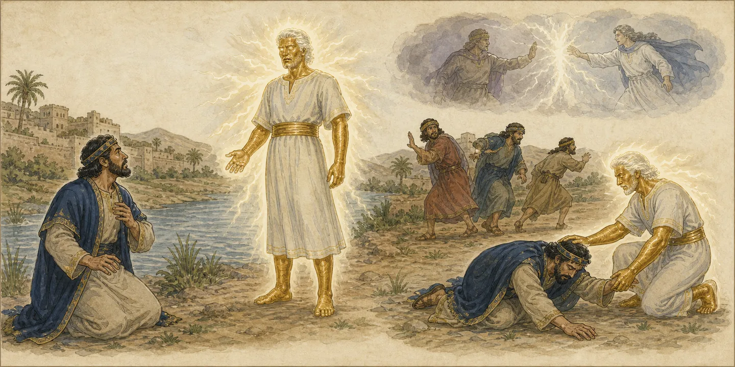 The man clothed in linen in one plate: Three weeks of mourning and fasting; The man in linen beside the Tigris; Daniel touched and strengthened; The unseen conflict Michael comes to help.