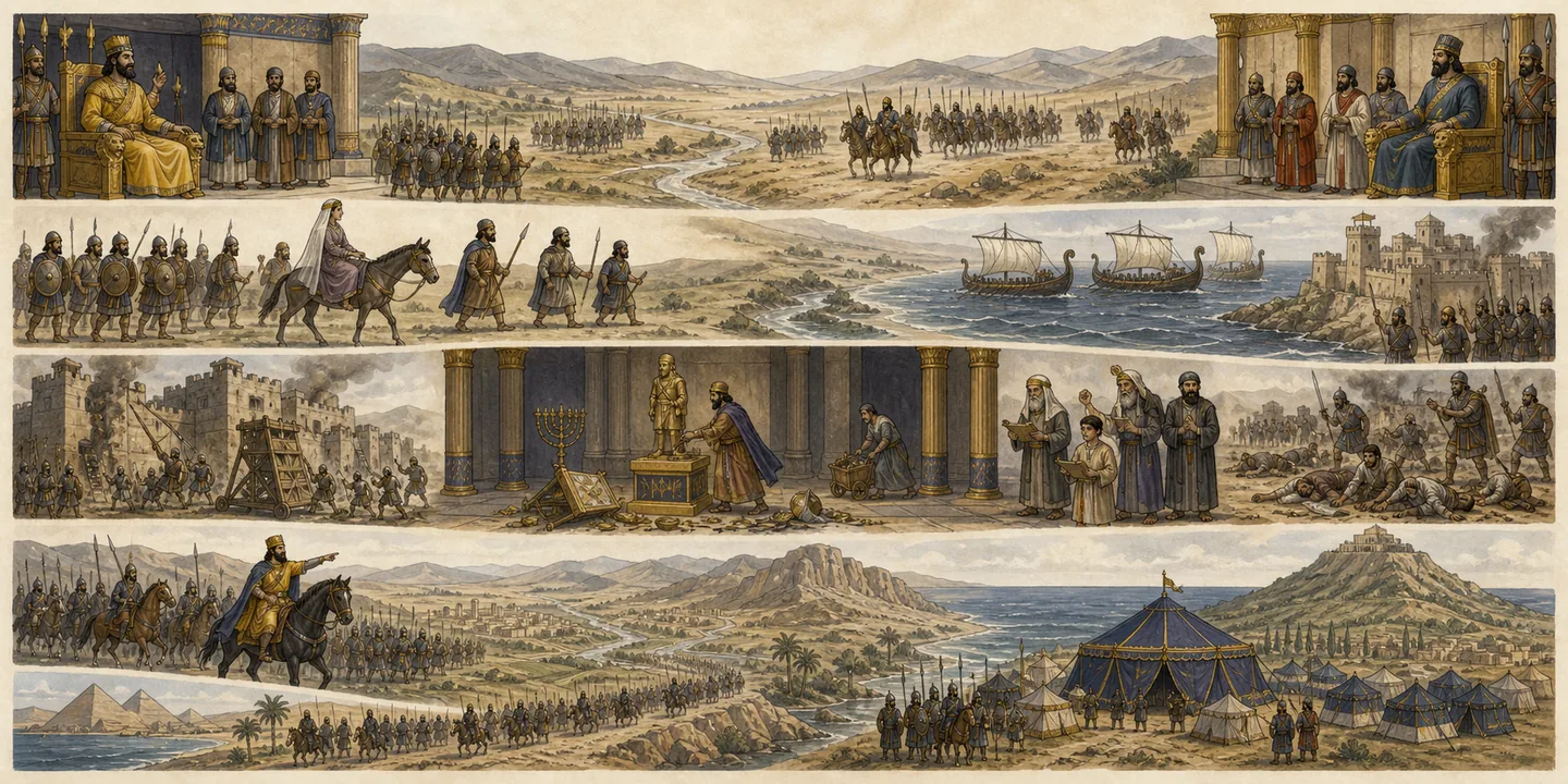 The kings of the north and south in one plate: Kings rise a mighty realm is divided; North and south treaties and campaigns; A contemptible ruler the sanctuary profaned; The self-exalting king comes to his end.