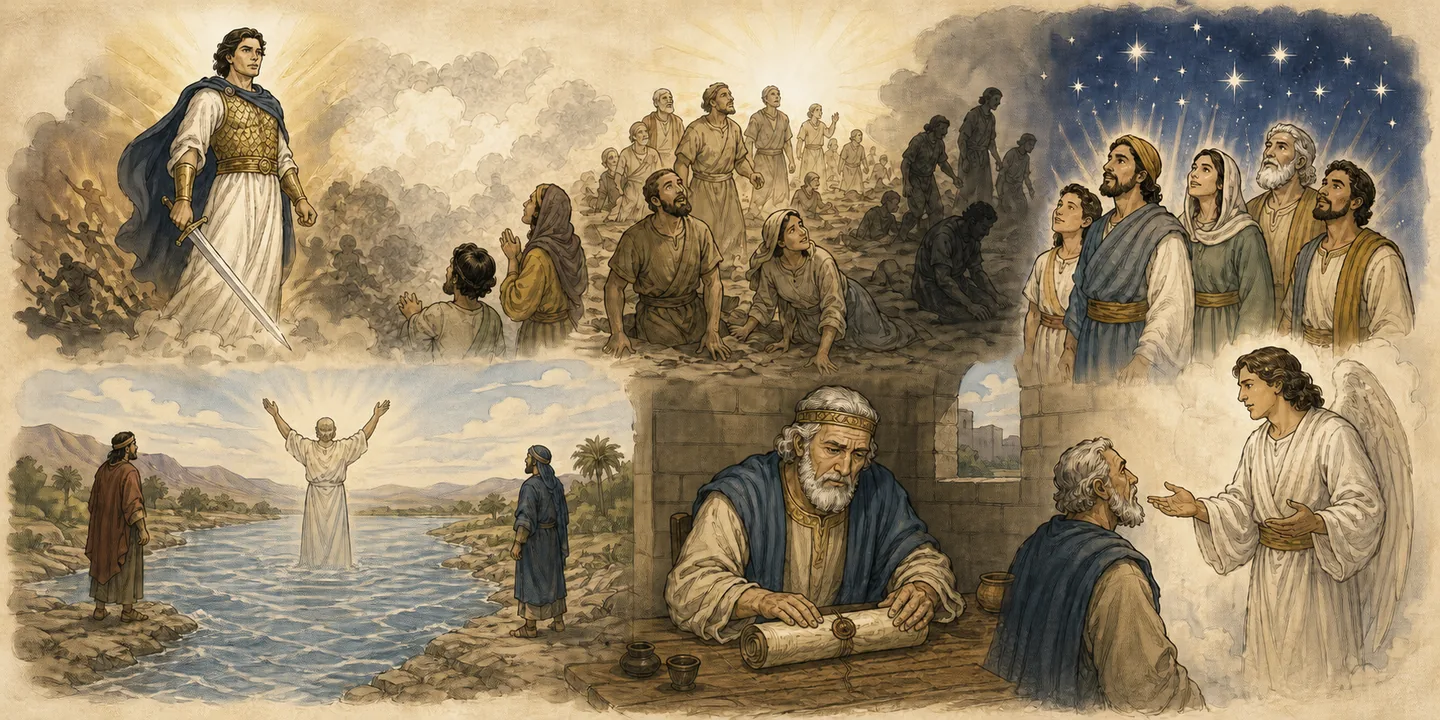 Michael and the sealed book in one plate: Michael stands deliverance and awakening; Seal the book until the time of the end; Figures at the river the linen man’s oath; Appointed days Daniel rests for his lot.