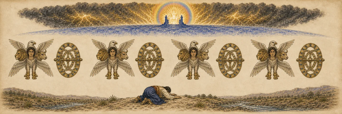 The throne-chariot in one plate: Storm, fire and radiant cloud; Four living creatures four faces and four wings each; Four wheels one beside each creature; Expanse, throne and glory.