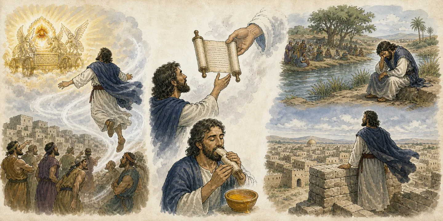 Scroll, commission & watchman in one plate: Sent to a rebellious house; Scroll of lamentation eaten like honey; Lifted by the Spirit sent to the exiles; Appointed as watchman.