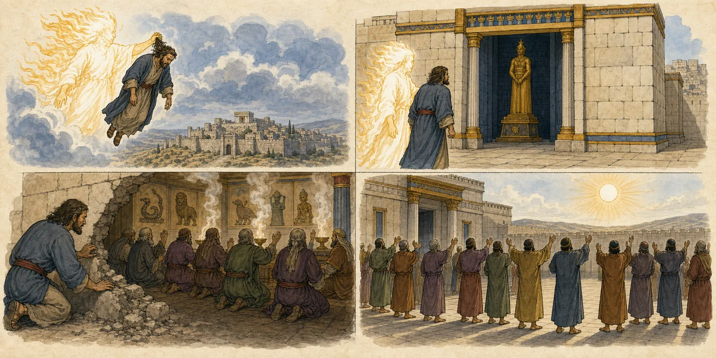 Abominations in the temple in one plate: Transported to the north gate the image of jealousy; Seventy elders in the image chamber; Women weep for Tammuz; About twenty-five men worship the sun eastward.