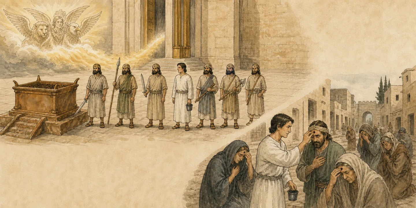 The mark before judgment in one plate: Six armed men arrive with the linen-clad recorder; A mark for those who sigh over abominations; Judgment begins at the sanctuary; The recorder reports the command completed.
