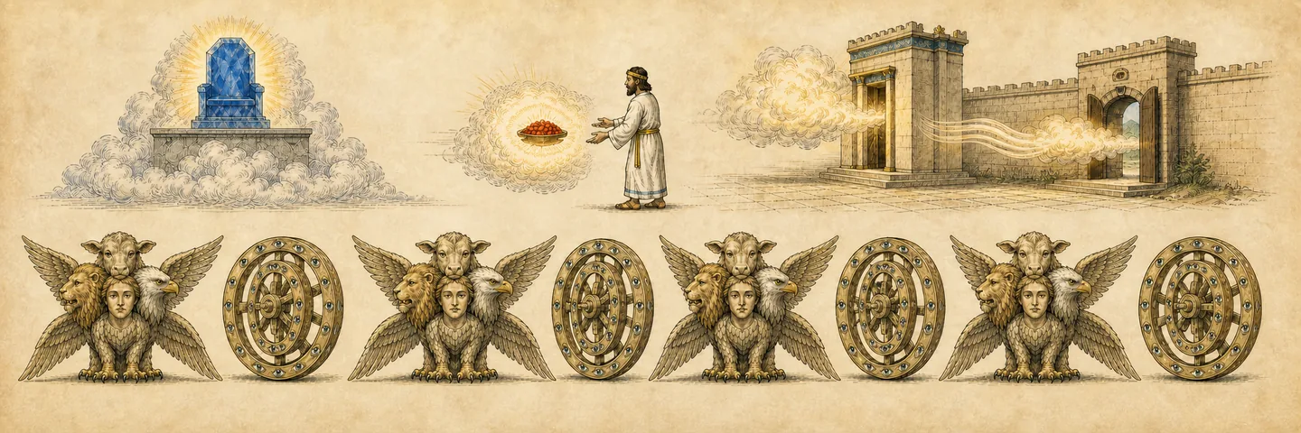 Coals, cherubim & departing glory in one plate: Sapphire-like throne coals given to the linen man; Four wheels beside four cherubim; Glory leaves the threshold and stops at the east gate; The creatures recognized from the Chebar vision.