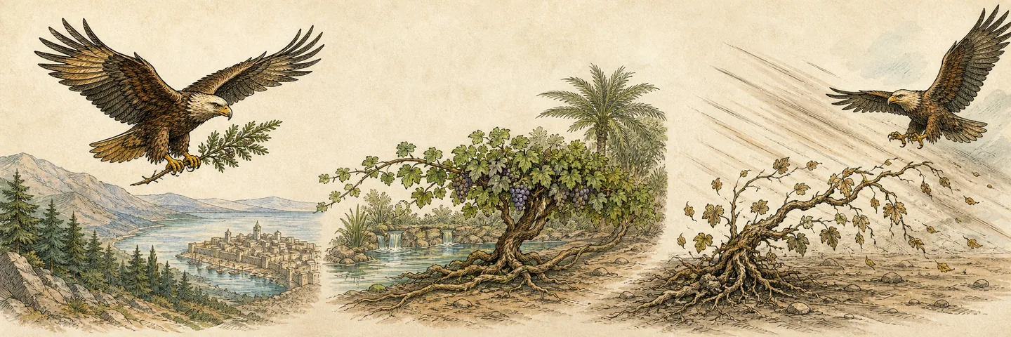 Two eagles and the vine in one plate: First eagle takes the cedar’s topmost twig; Seed becomes a low spreading vine; The vine bends toward a second eagle; Uprooted and withered by the east wind.
