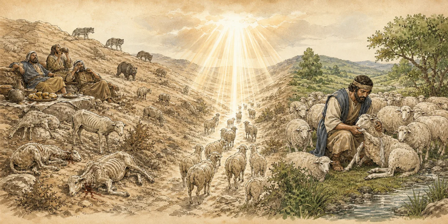 Shepherds and the flock in one plate: Shepherds feed themselves while the flock scatters; The LORD searches gathers and tends the sheep; Judgment between sheep and sheep; One shepherd and a covenant of peace.