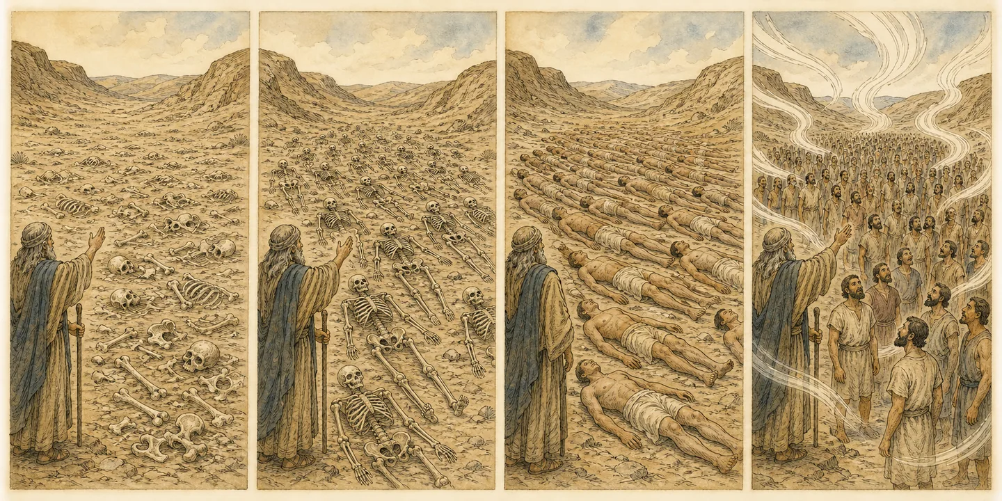 The valley of dry bones in one plate: A valley full of very dry bones; Bones join sinews and flesh appear; Breath comes from the four winds; The vision explained to the house of Israel.
